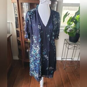Dnky blue floral ciffon tie-neck knee length shift dress sz 2 and 8‎ new